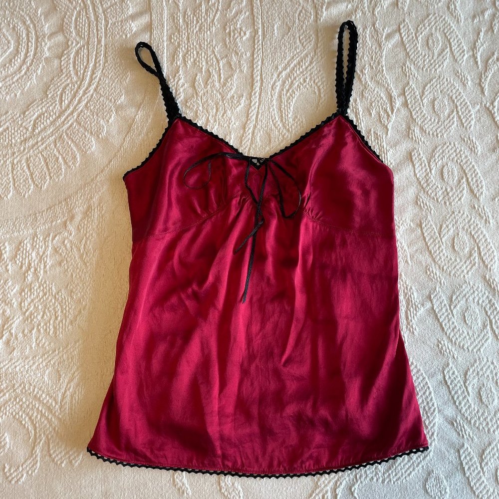 Express Design Studio, ruby red silk cami with black trim, XS